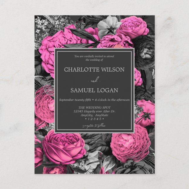 Black Pink Floral | Modern Chic Floral Wedding Invitation Postcard (Front)