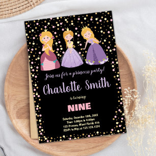 Black Pink Floral Princess Birthday Invitations