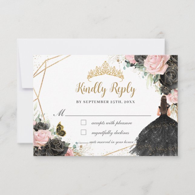 Black Pink Floral Princess Dress Quinceañera Reply RSVP Card (Front)