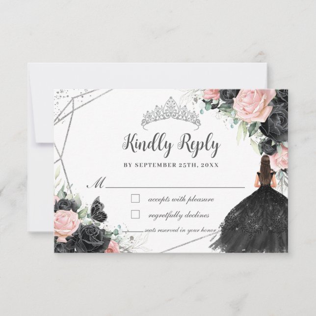 Black Pink Floral Princess Silver Quinceañera  RSVP Card (Front)