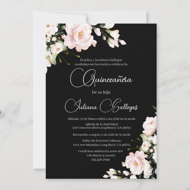 Black Pink Floral Quinceanera invitation (Front)