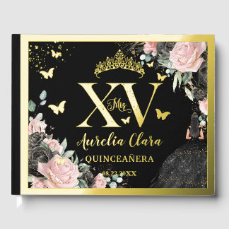 Black Pink Floral Quinceañera Quince 15 XV Gold Guest Book