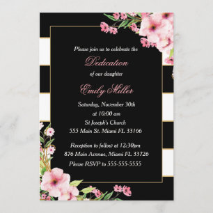 Black Pink Floral Stripes Dedication Invitation
