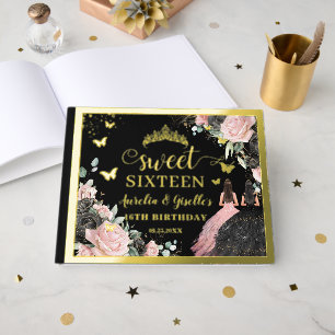 Black Pink Floral Twins Sweet Sixteen 16 Birthday Guest Book