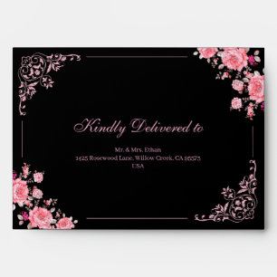 Black & Pink Floral wedding Envelope