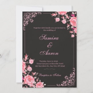Black & Pink Floral Wedding Invitation