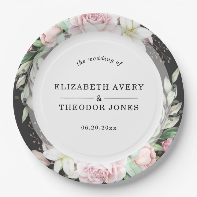 Black Pink Floral Wedding Napkins Paper Plate (Front)