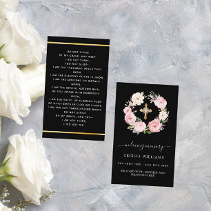 Black pink florals cross funeral prayer card