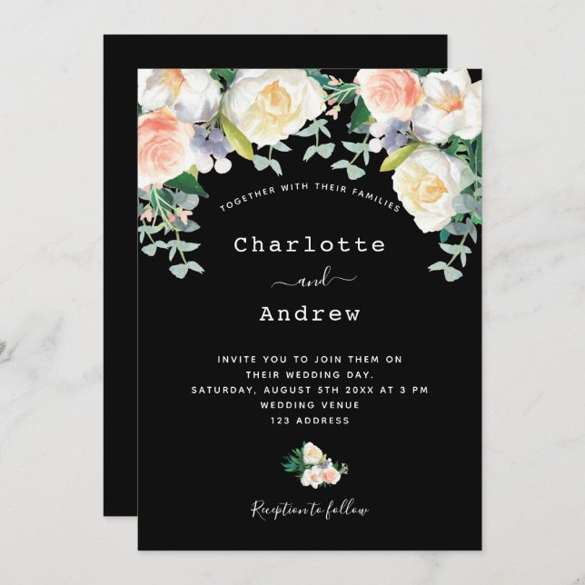 Black pink florals eacalyptus wedding invitation (Front/Back)