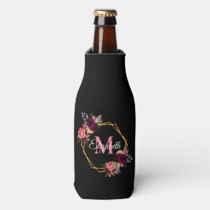Black pink florals gold geometric name bottle cooler