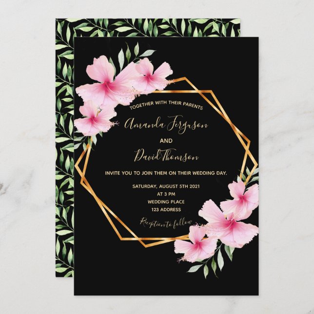 Black pink florals gold geometric wedding invitation (Front/Back)