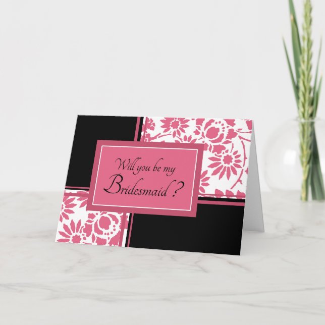 Black & Pink Flower Bridesmaid Invitation Card (Front)