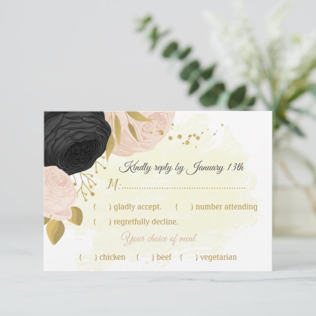 black  pink flowers gold botanical meal choice RSVP card (Standing Front)