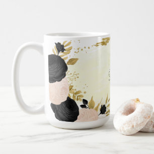 black  pink flowers gold botanical wedding coffee mug