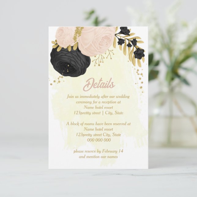 black  pink flowers gold botanical wedding details enclosure card (Standing Front)