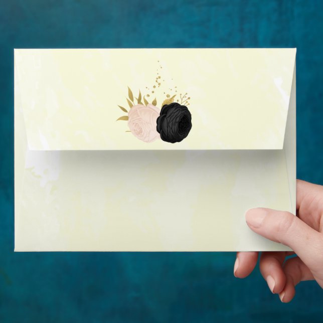 black & pink flowers gold botanical wedding envelope (Hand)