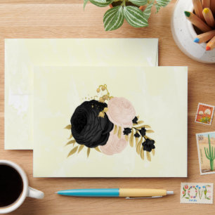 black & pink flowers gold botanical wedding envelope