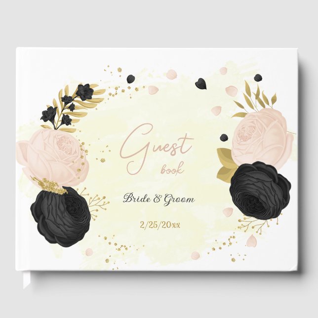 black & pink flowers gold botanical wedding guest book (Front)