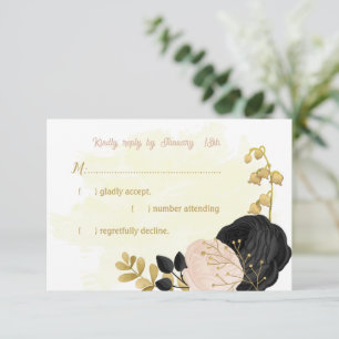 black pink flowers gold botanical wedding RSVP ca Card