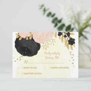 black pink flowers gold botanical wedding RSVP card