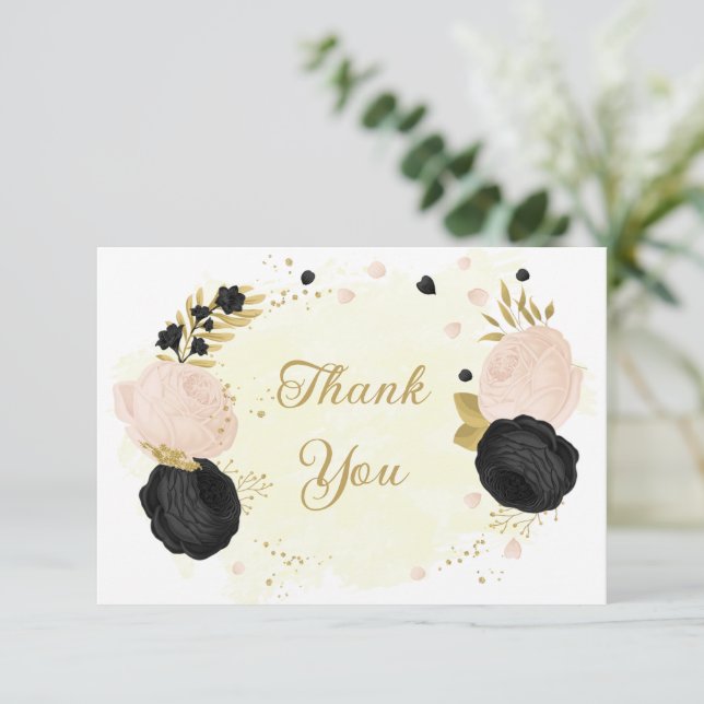 black & pink flowers gold botanical wedding thank  thank you card (Standing Front)