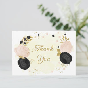 black & pink flowers gold botanical wedding thank thank you card