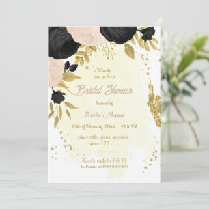black & pink flowers gold bridal shower invitation