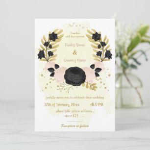 black & pink flowers gold wreath wedding invitation