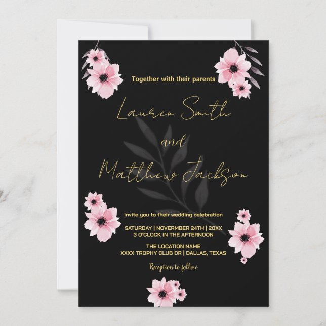 Black Pink Flowers Wedding Invitations (Front)