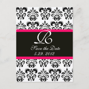 BLACK  PINK FUCHSIA AND WHITE DAMASK MONOGRAM ANNOUNCEMENT POSTCARD