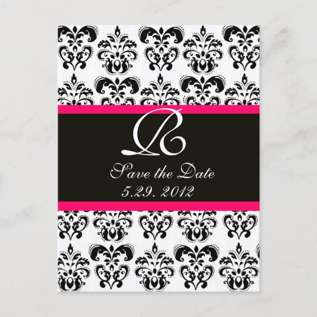 BLACK  PINK FUCHSIA AND WHITE DAMASK MONOGRAM ANNOUNCEMENT POSTCARD (Front)