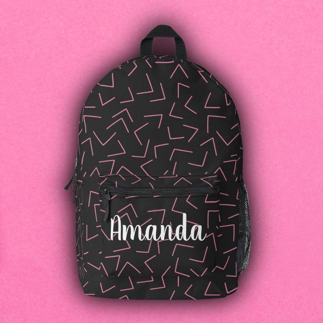Black & Pink Geometric Arrows Monogram Name Printed Backpack (Creator Uploaded)