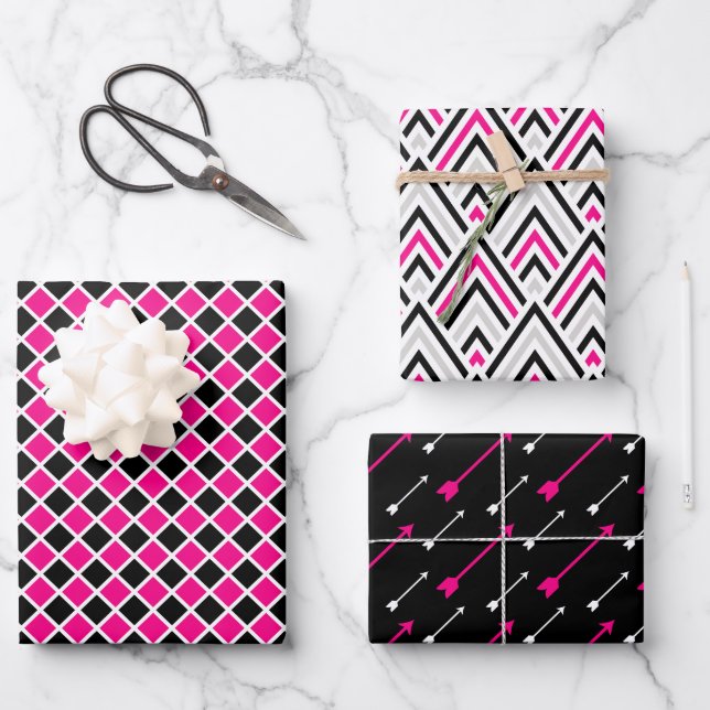 Black Pink Geometry Arrow Diamond Wrapping Paper Sheet (Front)