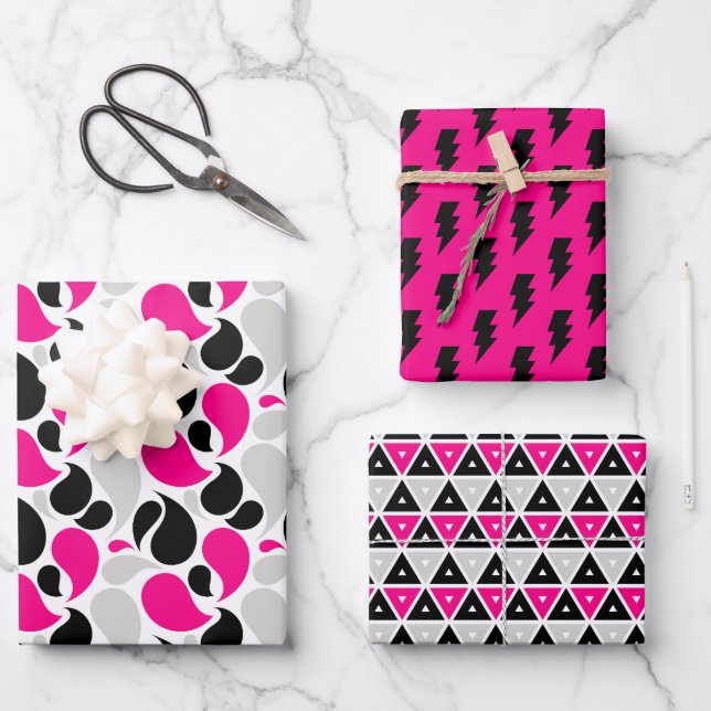 Black Pink Geometry Flash Shape Wrapping Paper Sheet (Front)