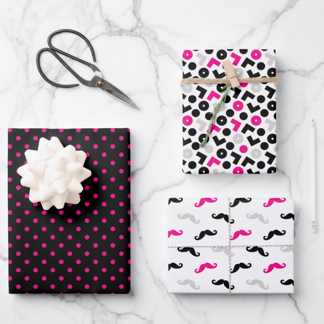 Black Pink Geometry Polka Dots Moustache Wrapping Paper Sheet (Front)