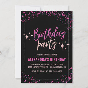Black Pink Glam Glitter 63rd birthday party Invitation