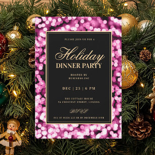 Black & Pink Glam Lights Holiday Dinner Party Invitation