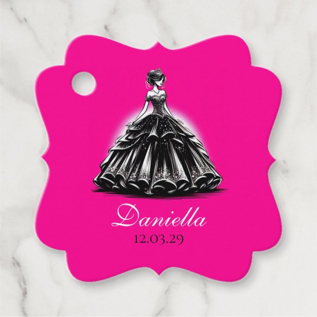 Black & Pink Glam Quinceañera Favour Tags (Front)