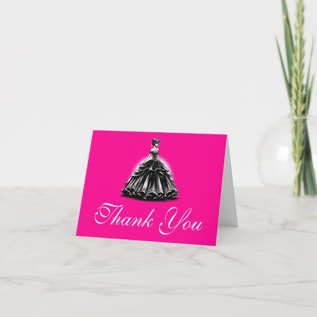 Black & Pink Glam Quinceañera Thank You Card (Front)