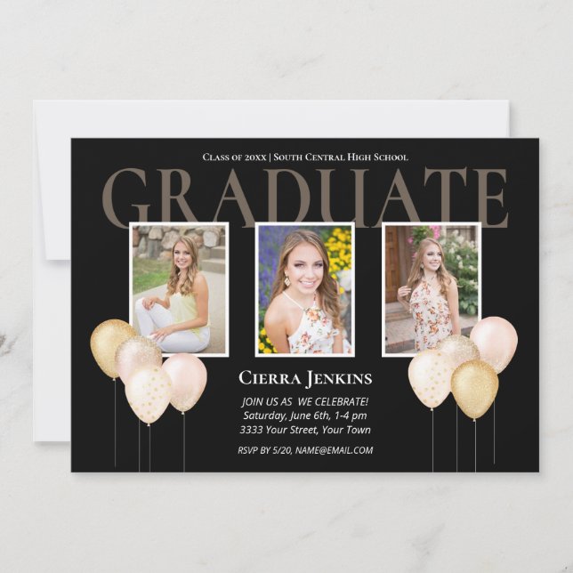 Black Pink Glitter Balloon Photo Graduation Party Invitation (Front)