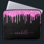 Black pink glitter drips sparkle script laptop sleeve<br><div class="desc">An elegant, girly and glam laptop sleeve. Pink, purple coloured coloured faux glitter drips. A chic black background. Personalise and add a name, written with a large modern hand lettered style script with swashes. Pink coloured letters. To keep the swashes only delete the sample name, leave the spaces or emoji's...</div>