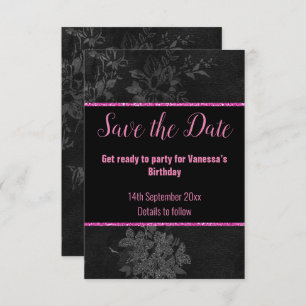 BLACK PINK GLITTER FLORAL SAVE THE DATE RSVP CARD