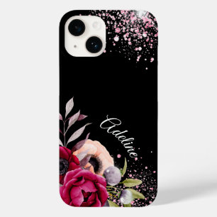 Black pink glitter flowers burgundy monogram Case-Mate iPhone 14 case