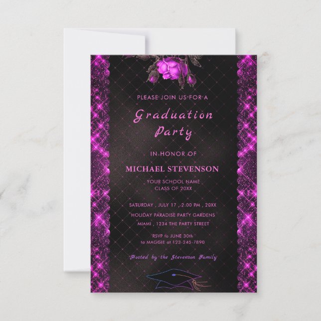 Black Pink Glitter Graduation Party Invitation (Front)
