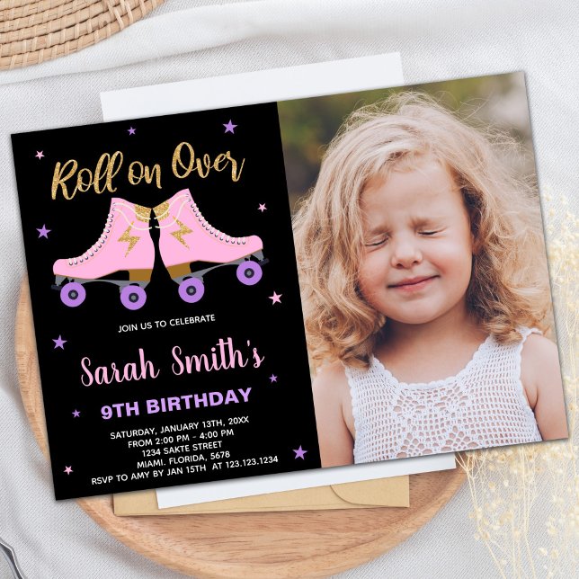 Black Pink Glitter Photo Skating Birthday Invitation (Black Pink Glitter Photo Skating Birthday Invitation)