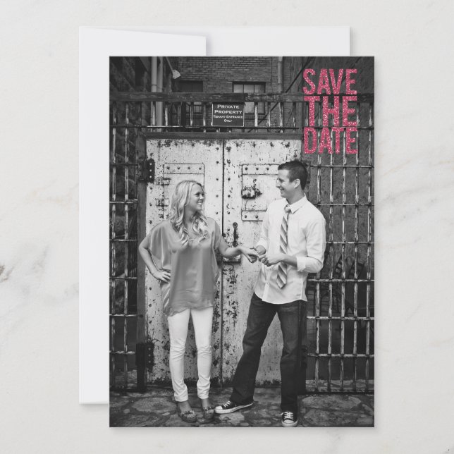 Black & Pink Glitter Save the Date Typography Invitation (Front)