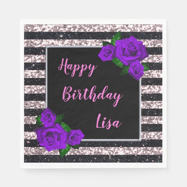 Black Pink Glitter Stripes Purple Roses Birthday Napkin (Front)