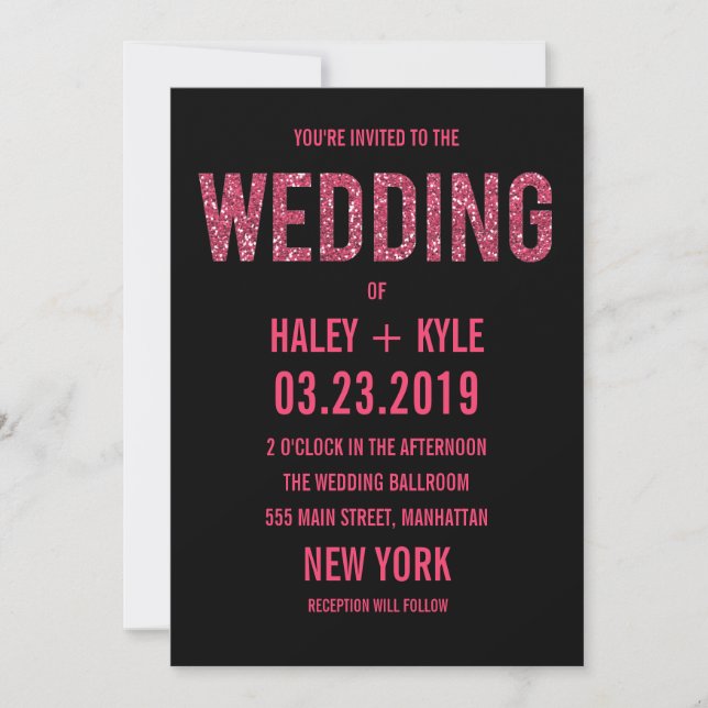 Black & Pink Glitter Typography Wedding Invitation (Front)