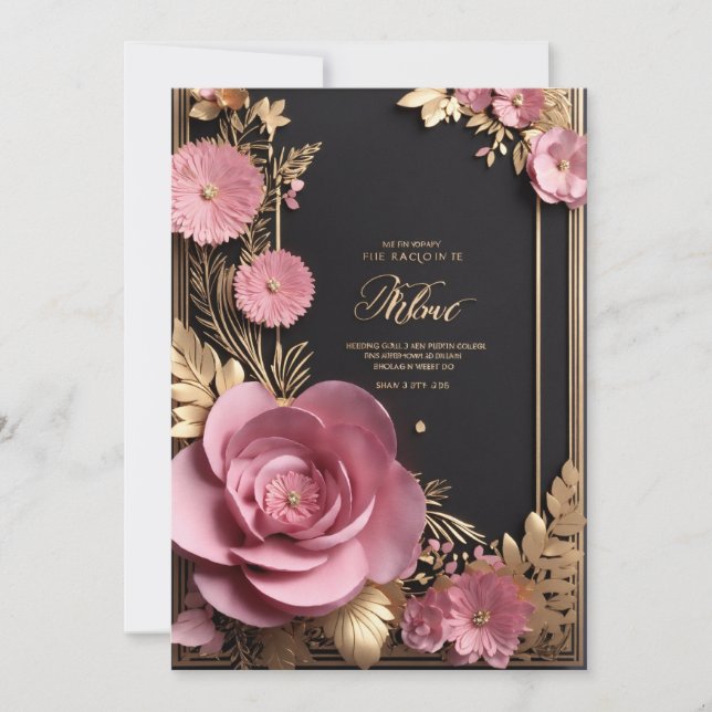 Black pink gold 3d floral wedding card (Front)