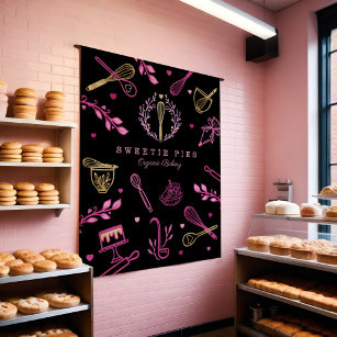 Black, Pink & Gold Baking & Cooking Utensil Bakery Tapestry